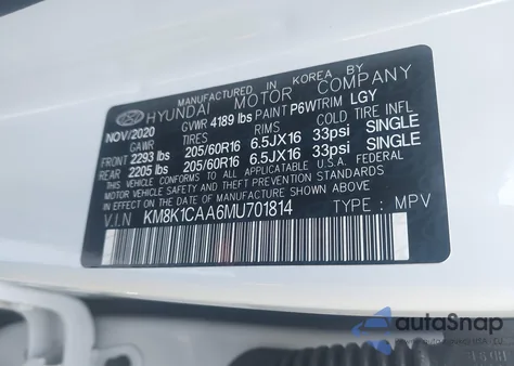 2021 Hyundai Kona Se from USA, damaged, VIN KM8K1CAA6MU701814